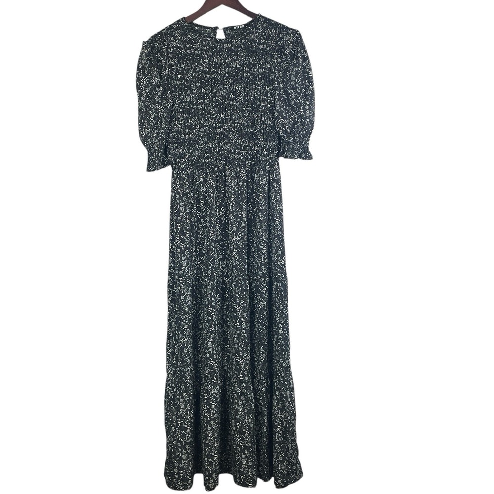 BTFBM Black White Floral Smocked Maxi Dress Puff Sleeve Boho Cottagecore M
